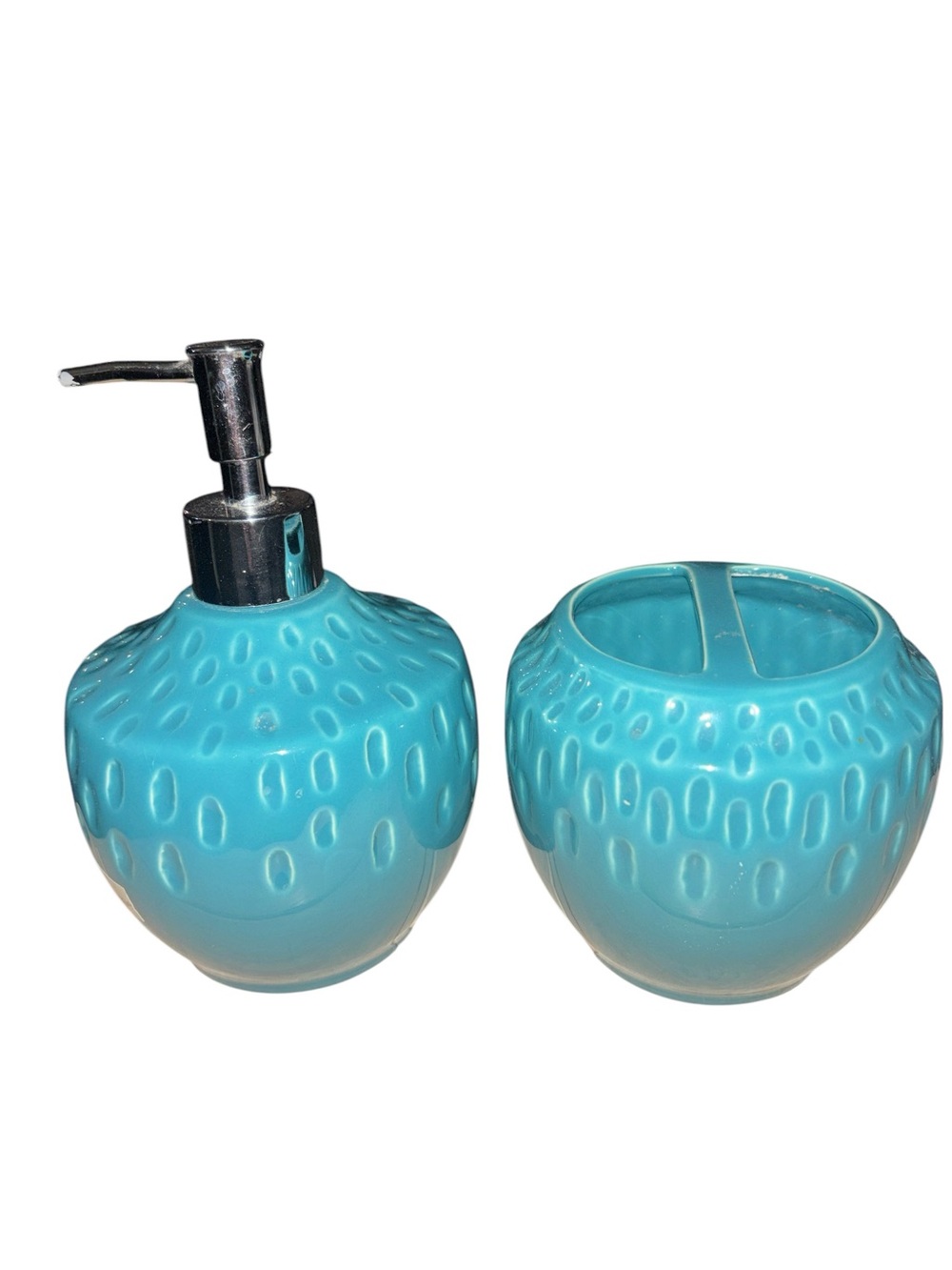 Turquoise Ceramic Bathroom Soap Dispenser and Toothbrush Holder Set